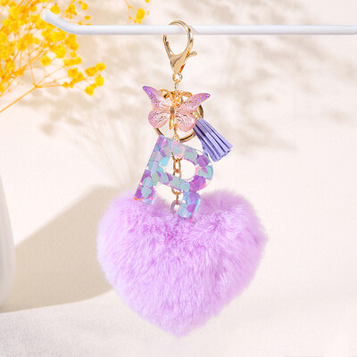 Pom pom în formă de inimă violet Breloc inițial cu paiete Breloc inimă cu 26 de litere pandantiv pentru geantă cuplu de studenți pentru bărbați și femei