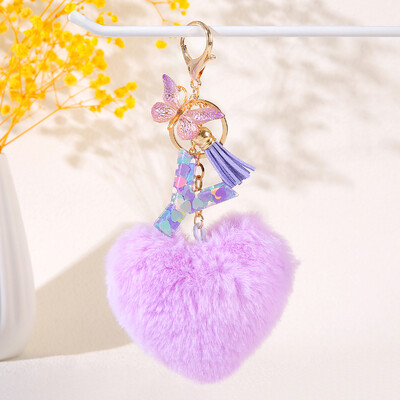 Pom pom în formă de inimă violet Breloc inițial cu paiete Breloc inimă cu 26 de litere pandantiv pentru geantă cuplu de studenți pentru bărbați și femei