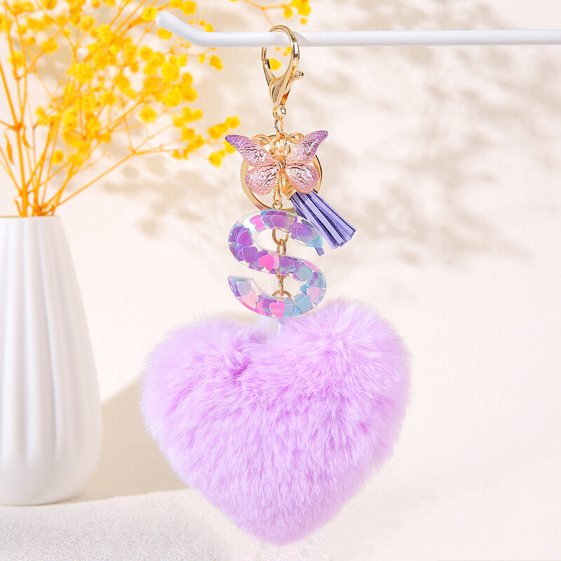 Pom pom în formă de inimă violet Breloc inițial cu paiete Breloc inimă cu 26 de litere pandantiv pentru geantă cuplu de studenți pentru bărbați și femei