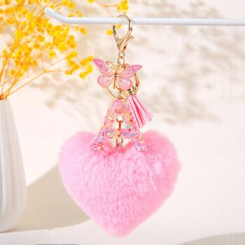 Pink Heart Heart Hairball Инициал ключодържател с ресни пеперуда Ключодържател с 26 букви Ключодържател за кола Дамска чанта Висящ орнамент