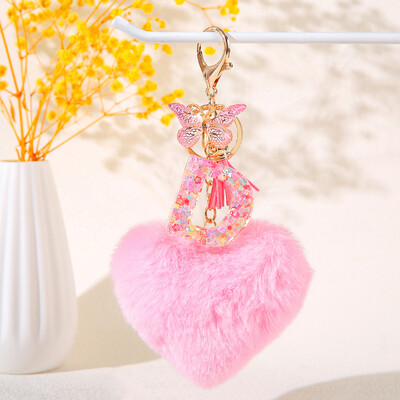 Pink Heart Heart Hairball Initial kulcstartó Butterfly rojttal 26 betűs kulcstartó Autós kulcstartó Női táska függő dísz