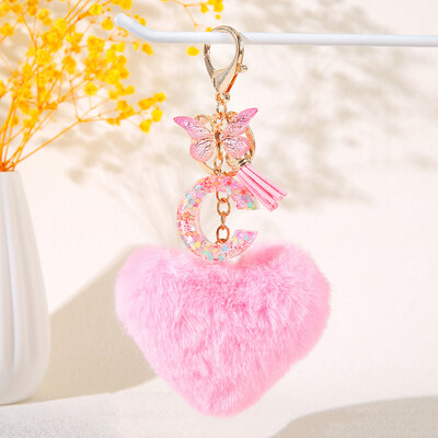 Pink Heart Heart Hairball Initial kulcstartó Butterfly rojttal 26 betűs kulcstartó Autós kulcstartó Női táska függő dísz