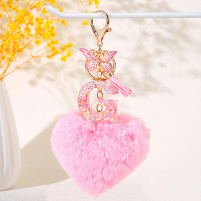 Pink Heart Heart Hairball Initial kulcstartó Butterfly rojttal 26 betűs kulcstartó Autós kulcstartó Női táska függő dísz