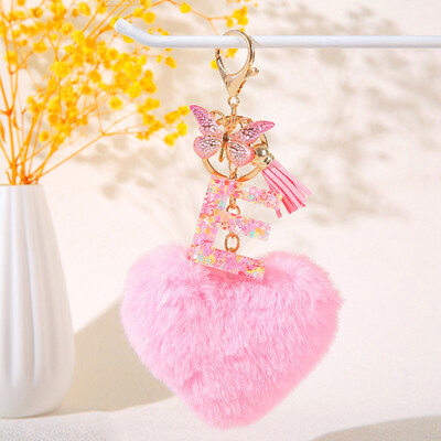 Pink Heart Heart Hairball Initial kulcstartó Butterfly rojttal 26 betűs kulcstartó Autós kulcstartó Női táska függő dísz