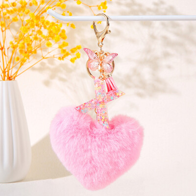 Pink Heart Heart Hairball Initial kulcstartó Butterfly rojttal 26 betűs kulcstartó Autós kulcstartó Női táska függő dísz