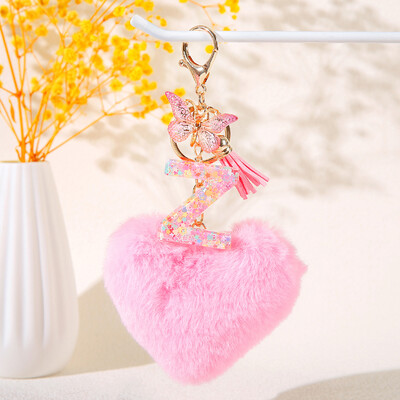 Pink Heart Heart Hairball Initial kulcstartó Butterfly rojttal 26 betűs kulcstartó Autós kulcstartó Női táska függő dísz