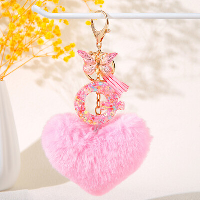Pink Heart Heart Hairball Initial kulcstartó Butterfly rojttal 26 betűs kulcstartó Autós kulcstartó Női táska függő dísz