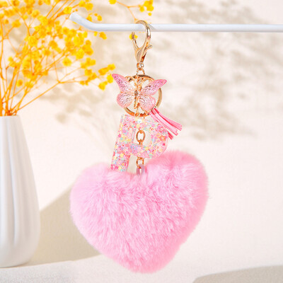 Pink Heart Heart Hairball Initial kulcstartó Butterfly rojttal 26 betűs kulcstartó Autós kulcstartó Női táska függő dísz