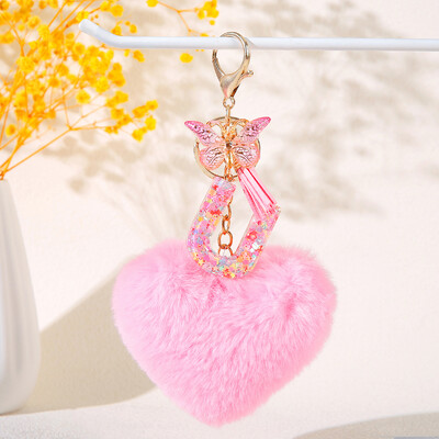 Pink Heart Heart Hairball Initial kulcstartó Butterfly rojttal 26 betűs kulcstartó Autós kulcstartó Női táska függő dísz