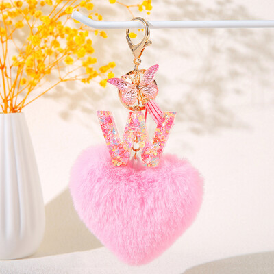 Pink Heart Heart Hairball Initial kulcstartó Butterfly rojttal 26 betűs kulcstartó Autós kulcstartó Női táska függő dísz