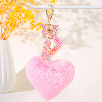 Pink Heart Heart Hairball Initial kulcstartó Butterfly rojttal 26 betűs kulcstartó Autós kulcstartó Női táska függő dísz