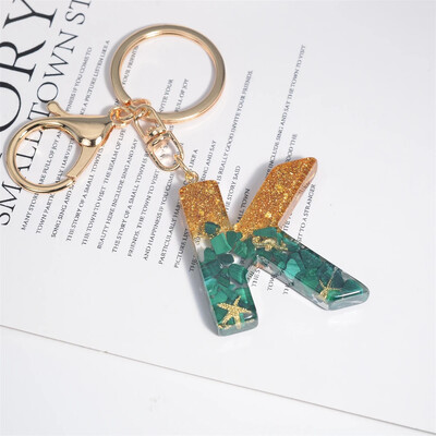 Breloc cu stele de mare cu literă inițială, femei, fete, rucsac, portofel, breloc pentru mașină, alfabet, verde, ornamente pentru motociclete, suport pentru chei, cadou