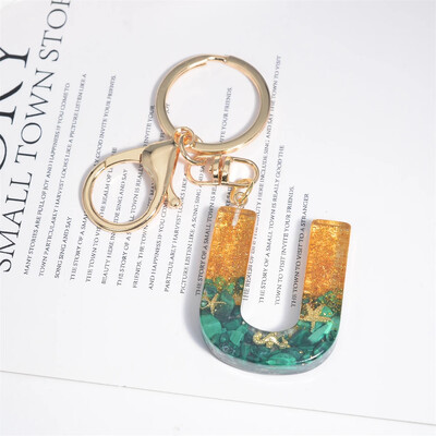 Breloc cu stele de mare cu literă inițială, femei, fete, rucsac, portofel, breloc pentru mașină, alfabet, verde, ornamente pentru motociclete, suport pentru chei, cadou