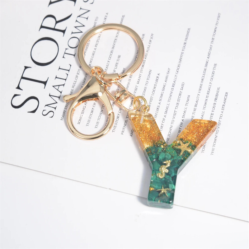 Breloc cu stele de mare cu literă inițială, femei, fete, rucsac, portofel, breloc pentru mașină, alfabet, verde, ornamente pentru motociclete, suport pentru chei, cadou