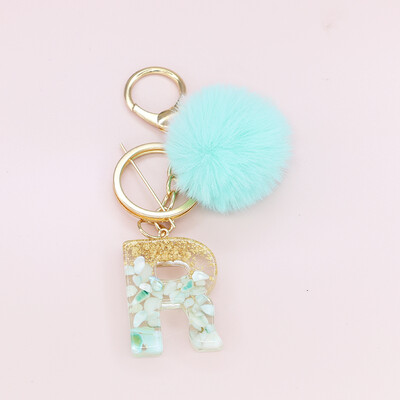 Žalia pūkuota pompom raidė raktų pakabukas Blizgučiai gradientas derva AZ inicialai Abėcėlės raktų pakabukas pakabukas Moteriška rankinė Telefono dekoro dovana