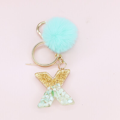 Žalia pūkuota pompom raidė raktų pakabukas Blizgučiai gradientas derva AZ inicialai Abėcėlės raktų pakabukas pakabukas Moteriška rankinė Telefono dekoro dovana