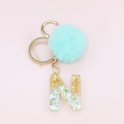 Žalia pūkuota pompom raidė raktų pakabukas Blizgučiai gradientas derva AZ inicialai Abėcėlės raktų pakabukas pakabukas Moteriška rankinė Telefono dekoro dovana