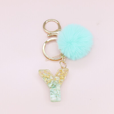 Žalia pūkuota pompom raidė raktų pakabukas Blizgučiai gradientas derva AZ inicialai Abėcėlės raktų pakabukas pakabukas Moteriška rankinė Telefono dekoro dovana