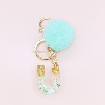 Žalia pūkuota pompom raidė raktų pakabukas Blizgučiai gradientas derva AZ inicialai Abėcėlės raktų pakabukas pakabukas Moteriška rankinė Telefono dekoro dovana