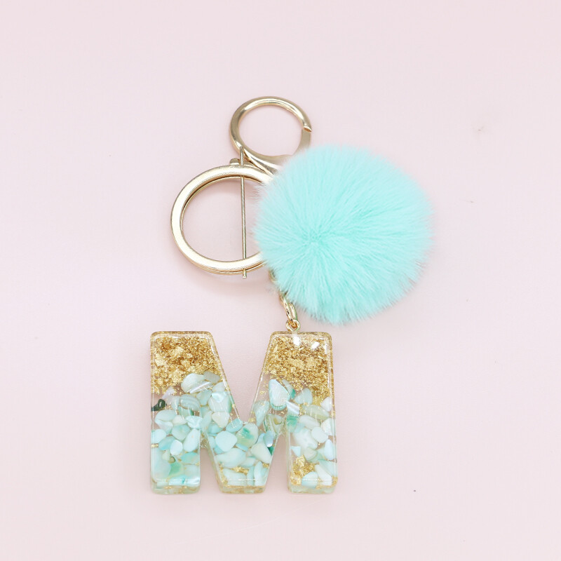 Žalia pūkuota pompom raidė raktų pakabukas Blizgučiai gradientas derva AZ inicialai Abėcėlės raktų pakabukas pakabukas Moteriška rankinė Telefono dekoro dovana