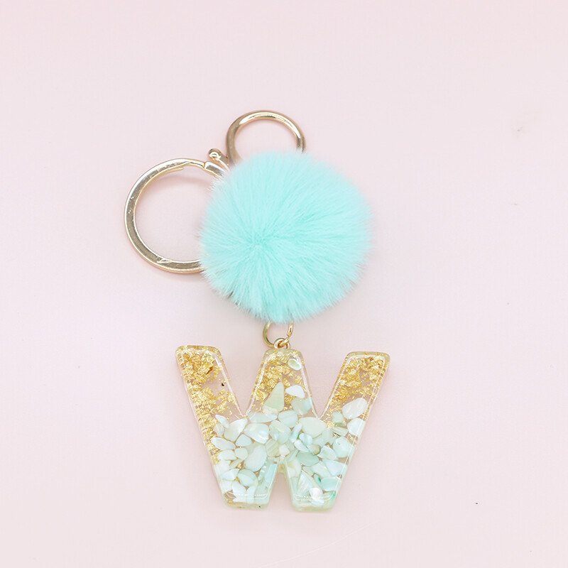 Žalia pūkuota pompom raidė raktų pakabukas Blizgučiai gradientas derva AZ inicialai Abėcėlės raktų pakabukas pakabukas Moteriška rankinė Telefono dekoro dovana