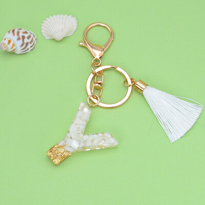 Breloc cu litere cu ciucuri alb, cristal epoxidic, 26 litere inițiale, breloc pentru chei pentru mașină, accesorii pentru pandantiv