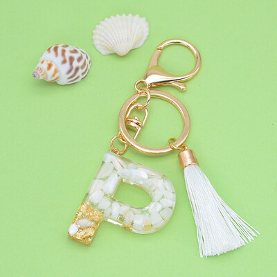 Breloc cu litere cu ciucuri alb, cristal epoxidic, 26 litere inițiale, breloc pentru chei pentru mașină, accesorii pentru pandantiv