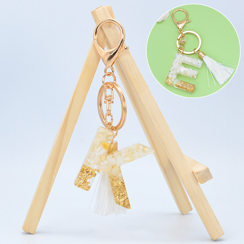 Breloc cu litere cu ciucuri alb, cristal epoxidic, 26 litere inițiale, breloc pentru chei pentru mașină, accesorii pentru pandantiv