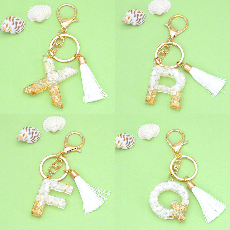 Breloc cu litere cu ciucuri alb, cristal epoxidic, 26 litere inițiale, breloc pentru chei pentru mașină, accesorii pentru pandantiv