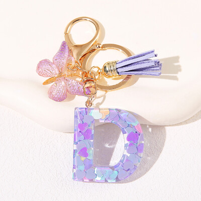 Breloc de damă mov, în formă de inimă, cu paiete, litere engleză, cu ciucuri și pandantiv fluture, idee grozavă de cadou pentru iubit, mamă, prieteni