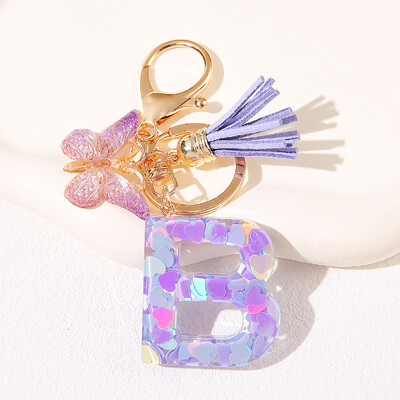 Breloc de damă mov, în formă de inimă, cu paiete, litere engleză, cu ciucuri și pandantiv fluture, idee grozavă de cadou pentru iubit, mamă, prieteni