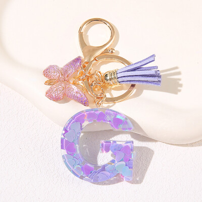 Breloc de damă mov, în formă de inimă, cu paiete, litere engleză, cu ciucuri și pandantiv fluture, idee grozavă de cadou pentru iubit, mamă, prieteni