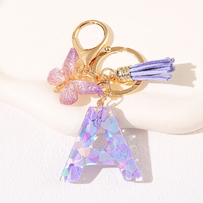 Breloc de damă mov, în formă de inimă, cu paiete, litere engleză, cu ciucuri și pandantiv fluture, idee grozavă de cadou pentru iubit, mamă, prieteni