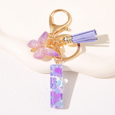 Breloc de damă mov, în formă de inimă, cu paiete, litere engleză, cu ciucuri și pandantiv fluture, idee grozavă de cadou pentru iubit, mamă, prieteni