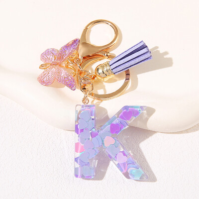 Breloc de damă mov, în formă de inimă, cu paiete, litere engleză, cu ciucuri și pandantiv fluture, idee grozavă de cadou pentru iubit, mamă, prieteni