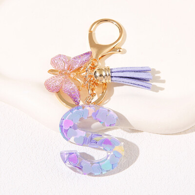 Breloc de damă mov, în formă de inimă, cu paiete, litere engleză, cu ciucuri și pandantiv fluture, idee grozavă de cadou pentru iubit, mamă, prieteni