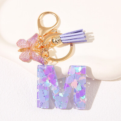 Breloc de damă mov, în formă de inimă, cu paiete, litere engleză, cu ciucuri și pandantiv fluture, idee grozavă de cadou pentru iubit, mamă, prieteni