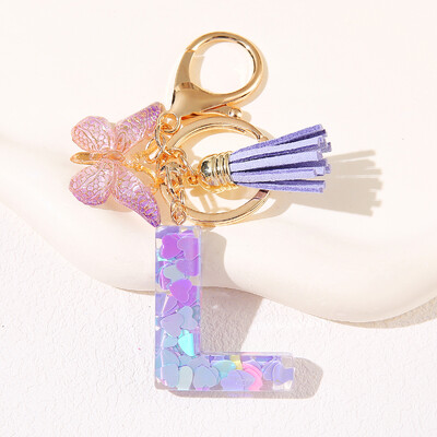 Breloc de damă mov, în formă de inimă, cu paiete, litere engleză, cu ciucuri și pandantiv fluture, idee grozavă de cadou pentru iubit, mamă, prieteni