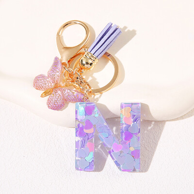 Breloc de damă mov, în formă de inimă, cu paiete, litere engleză, cu ciucuri și pandantiv fluture, idee grozavă de cadou pentru iubit, mamă, prieteni