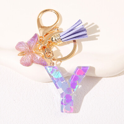 Breloc de damă mov, în formă de inimă, cu paiete, litere engleză, cu ciucuri și pandantiv fluture, idee grozavă de cadou pentru iubit, mamă, prieteni