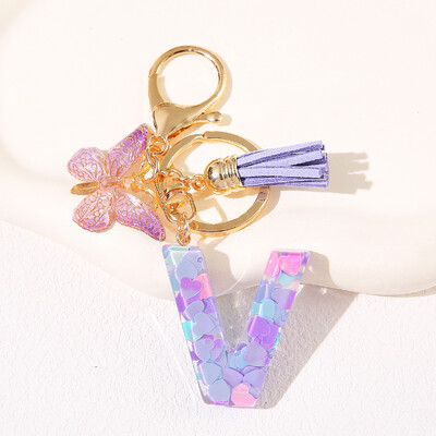 Breloc de damă mov, în formă de inimă, cu paiete, litere engleză, cu ciucuri și pandantiv fluture, idee grozavă de cadou pentru iubit, mamă, prieteni