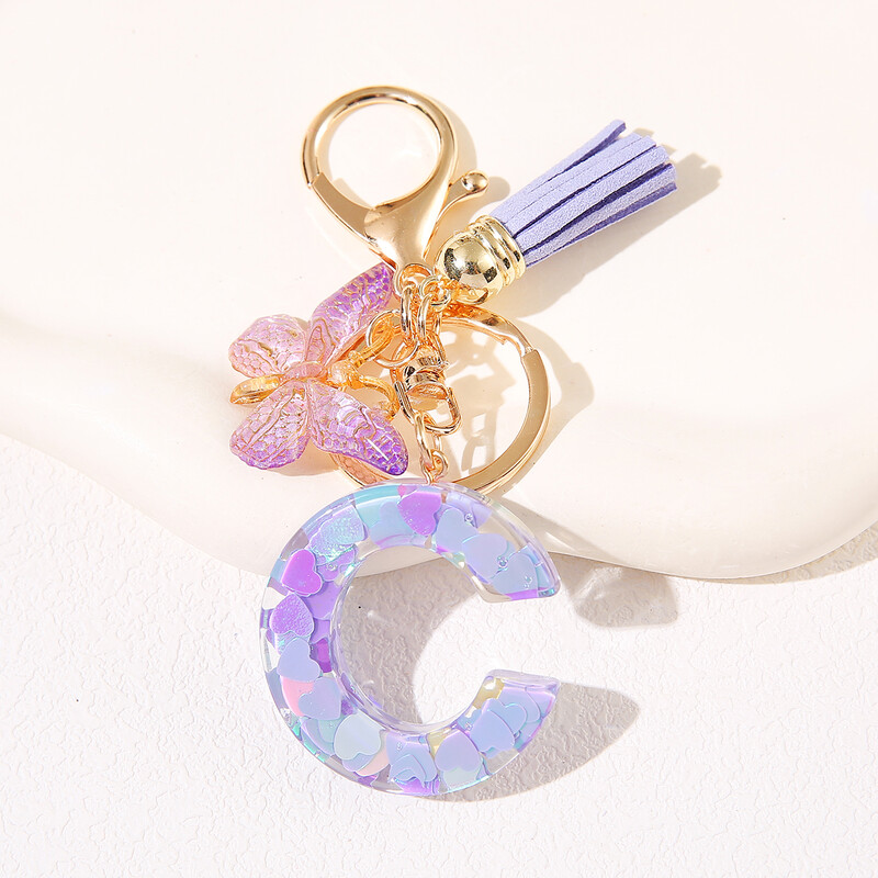 Breloc de damă mov, în formă de inimă, cu paiete, litere engleză, cu ciucuri și pandantiv fluture, idee grozavă de cadou pentru iubit, mamă, prieteni