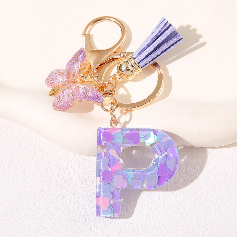 Breloc de damă mov, în formă de inimă, cu paiete, litere engleză, cu ciucuri și pandantiv fluture, idee grozavă de cadou pentru iubit, mamă, prieteni