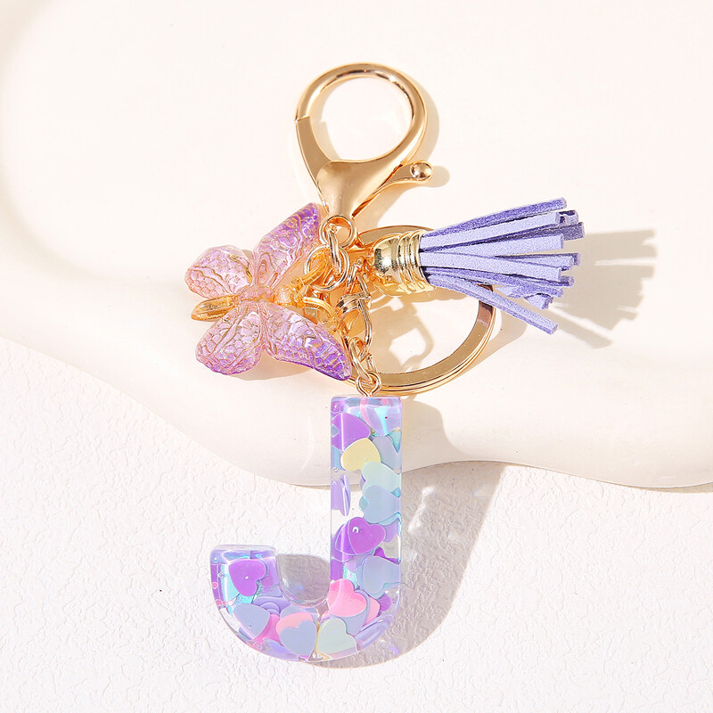 Breloc de damă mov, în formă de inimă, cu paiete, litere engleză, cu ciucuri și pandantiv fluture, idee grozavă de cadou pentru iubit, mamă, prieteni