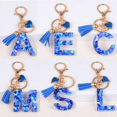 Висулка с катарама с 26 букви със син пискюл Дамска чанта за момичета Love Fashion Girls Glitter Gradient Resin Initials Ключодържател Charms