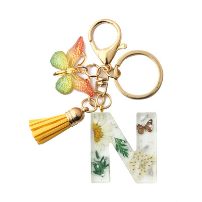 Breloc cu flori galbene 26 litere Rășină cu ciucuri roz gradient fluture pandantiv breloc femei geantă ornamente accesorii cadou