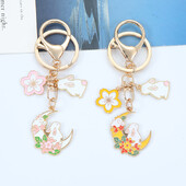 Módna sladká smaltovaná kľúčenka s králikom v tvare čerešňového kvetu pre ženy a dievčatá, roztomilá kľúčenka s kvetom mesiaca, taška, kľúč od auta, prívesok, šperky, darček