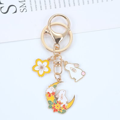 Módna sladká smaltovaná kľúčenka s králikom v tvare čerešňového kvetu pre ženy a dievčatá, roztomilá kľúčenka s kvetom mesiaca, taška, kľúč od auta, prívesok, šperky, darček