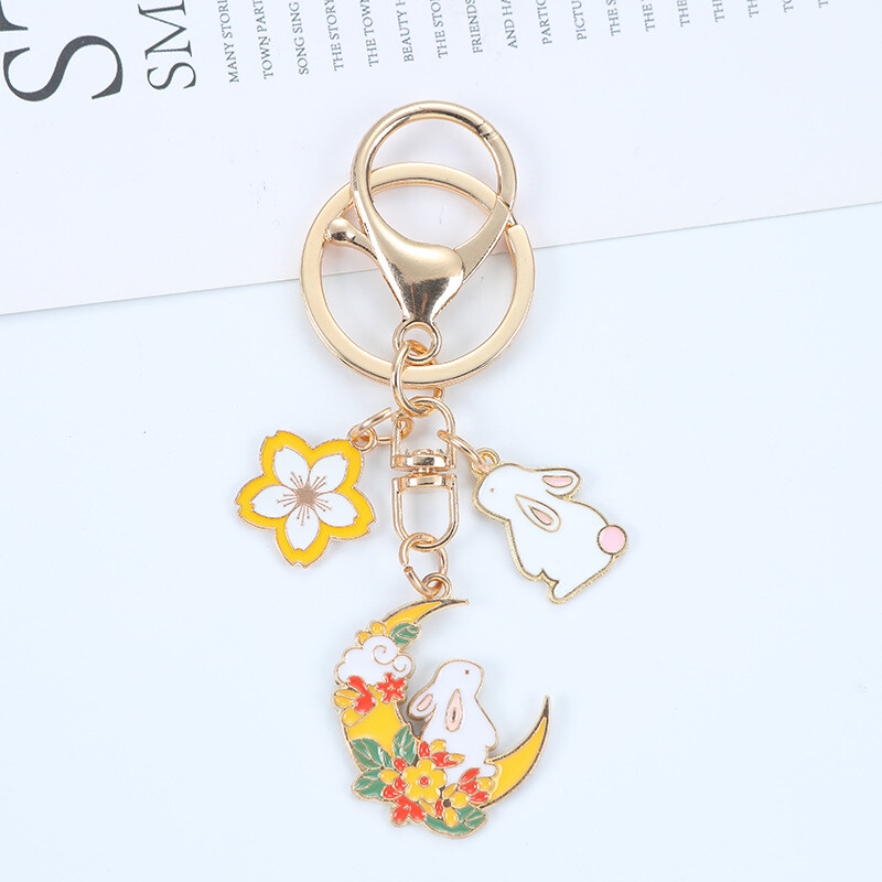 Módna sladká smaltovaná kľúčenka s králikom v tvare čerešňového kvetu pre ženy a dievčatá, roztomilá kľúčenka s kvetom mesiaca, taška, kľúč od auta, prívesok, šperky, darček