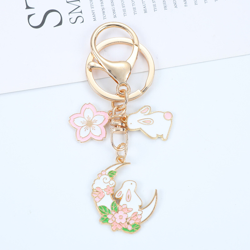 Módna sladká smaltovaná kľúčenka s králikom v tvare čerešňového kvetu pre ženy a dievčatá, roztomilá kľúčenka s kvetom mesiaca, taška, kľúč od auta, prívesok, šperky, darček